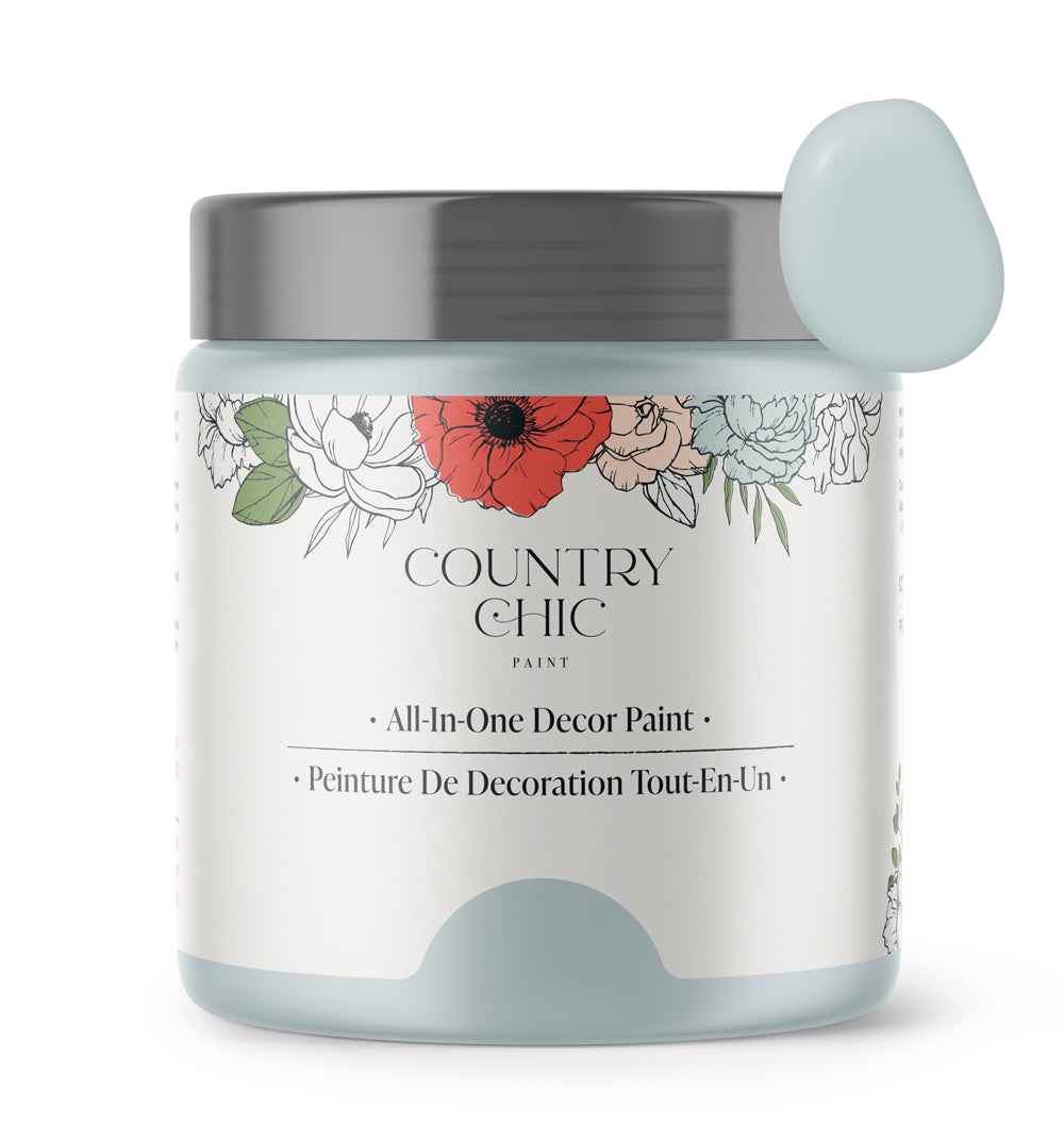 16oz jar of Country Chic Chalk Style All-In-One Paint in the color Belle of the Ball. Pastel blue.