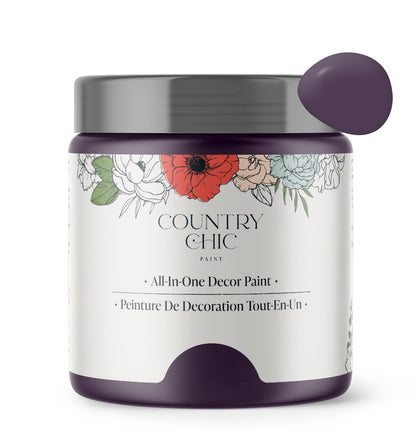 16oz jar of Country Chic Chalk Style All-In-One Paint in the color Opulence. Deep purple.