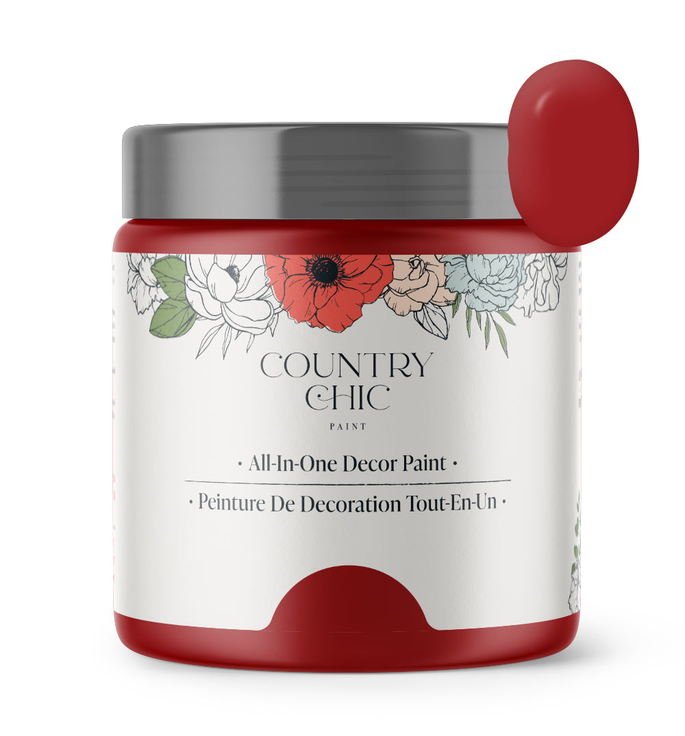 16oz jar of Country Chic Chalk Style All-In-One Paint in the color Poppy. Bold red.