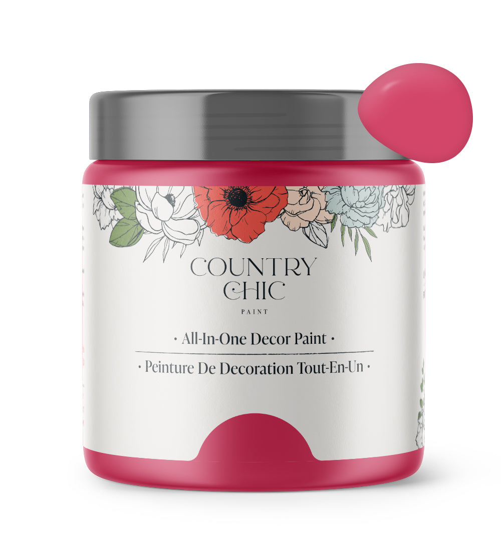 16oz jar of Country Chic Chalk Style All-In-One Paint in the color Raspberry Sorbet. Deep pink.