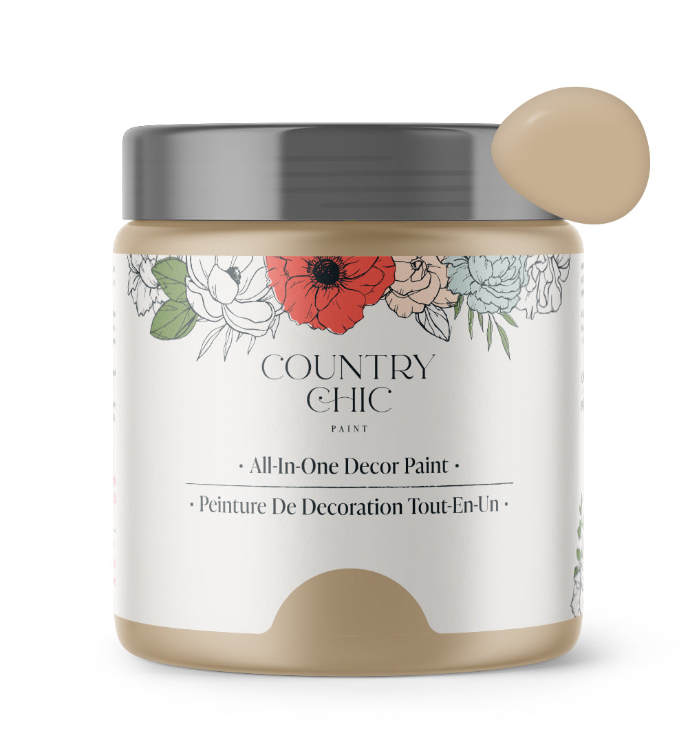 16oz jar of Country Chic Chalk Style All-In-One Paint in the color Road Trip. Sandy brown.