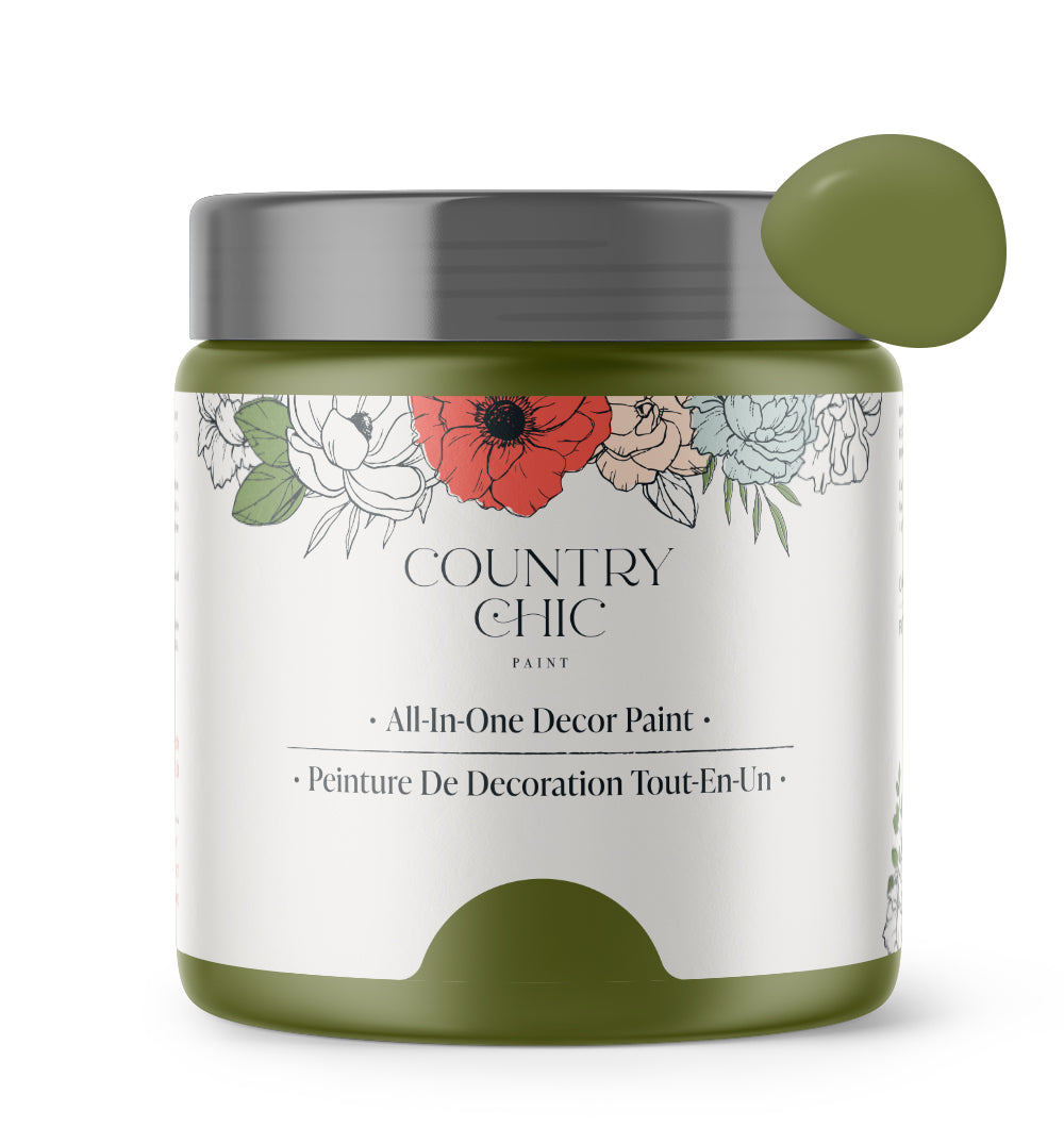 16oz jar of Country Chic Chalk Style All-In-One Paint in the color Secret Garden. Avocado green.