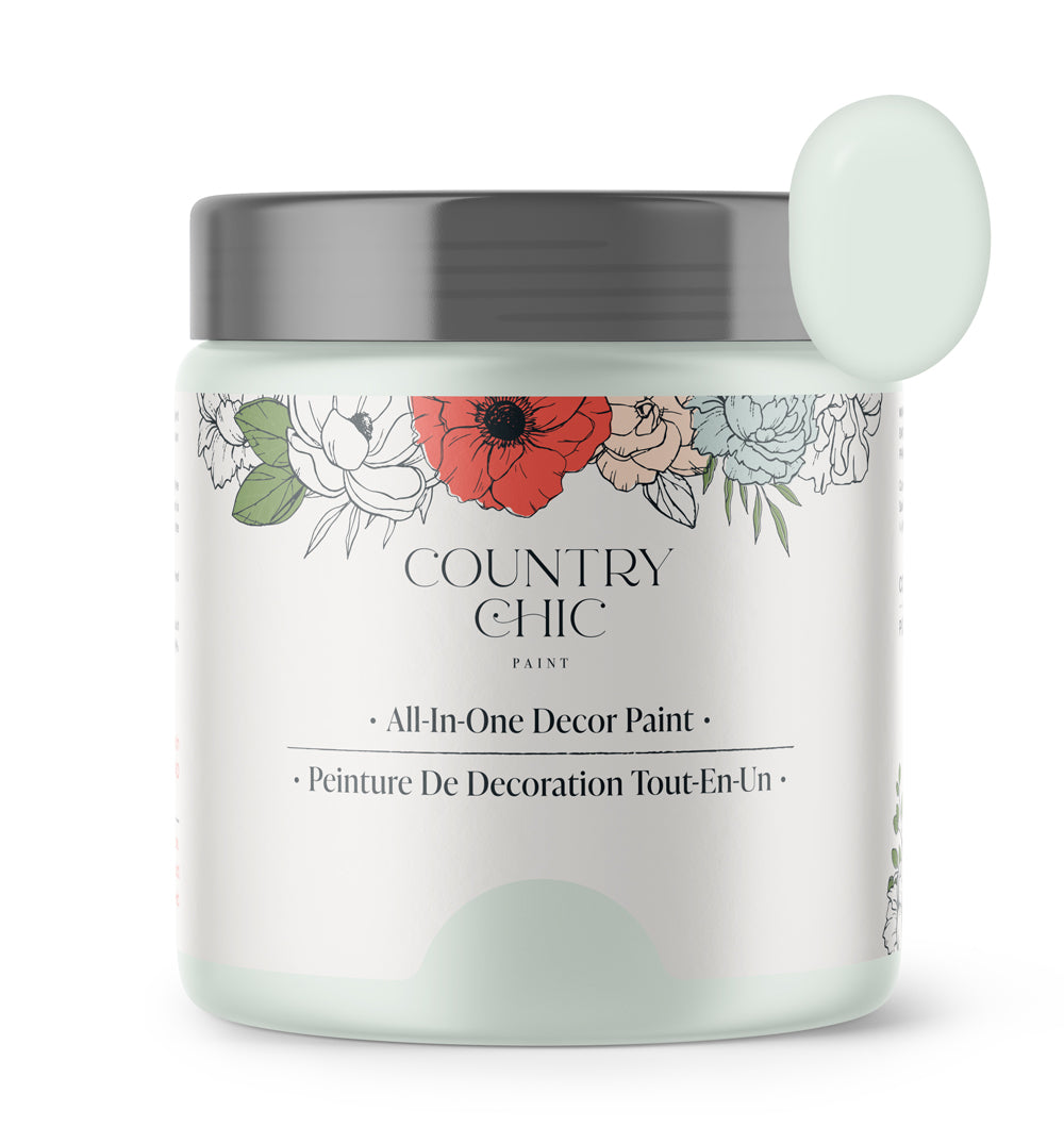 16oz jar of Country Chic Chalk Style All-In-One Paint in the color String of Pearls. Pale green.