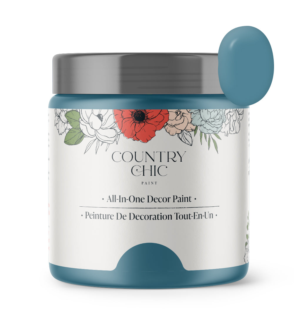 16oz jar of Country Chic Chalk Style All-In-One Paint in the color Tide Pool. Tealish-ocean blue.