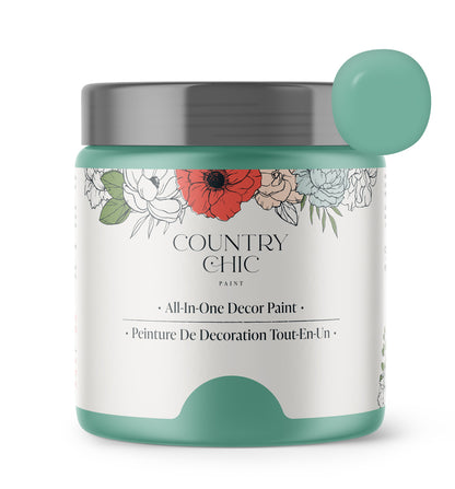 16oz jar of Country Chic Chalk Style All-In-One Paint in the color Bliss. Muted teal.