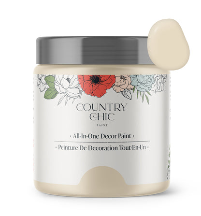 16oz jar of Country Chic Chalk Style All-In-One Paint in the color Cheesecake. Farmhouse white.