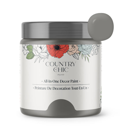 16oz jar of Country Chic Chalk Style All-In-One Paint in the color Cobblestone. Mid-tone grey.