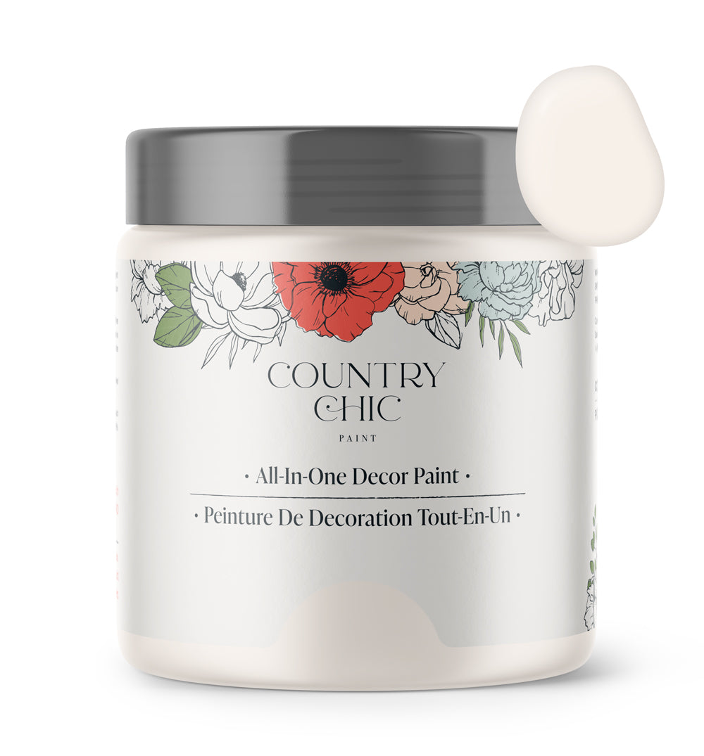 16oz jar of Country Chic Chalk Style All-In-One Paint in the color Crinoline. Crisp white.