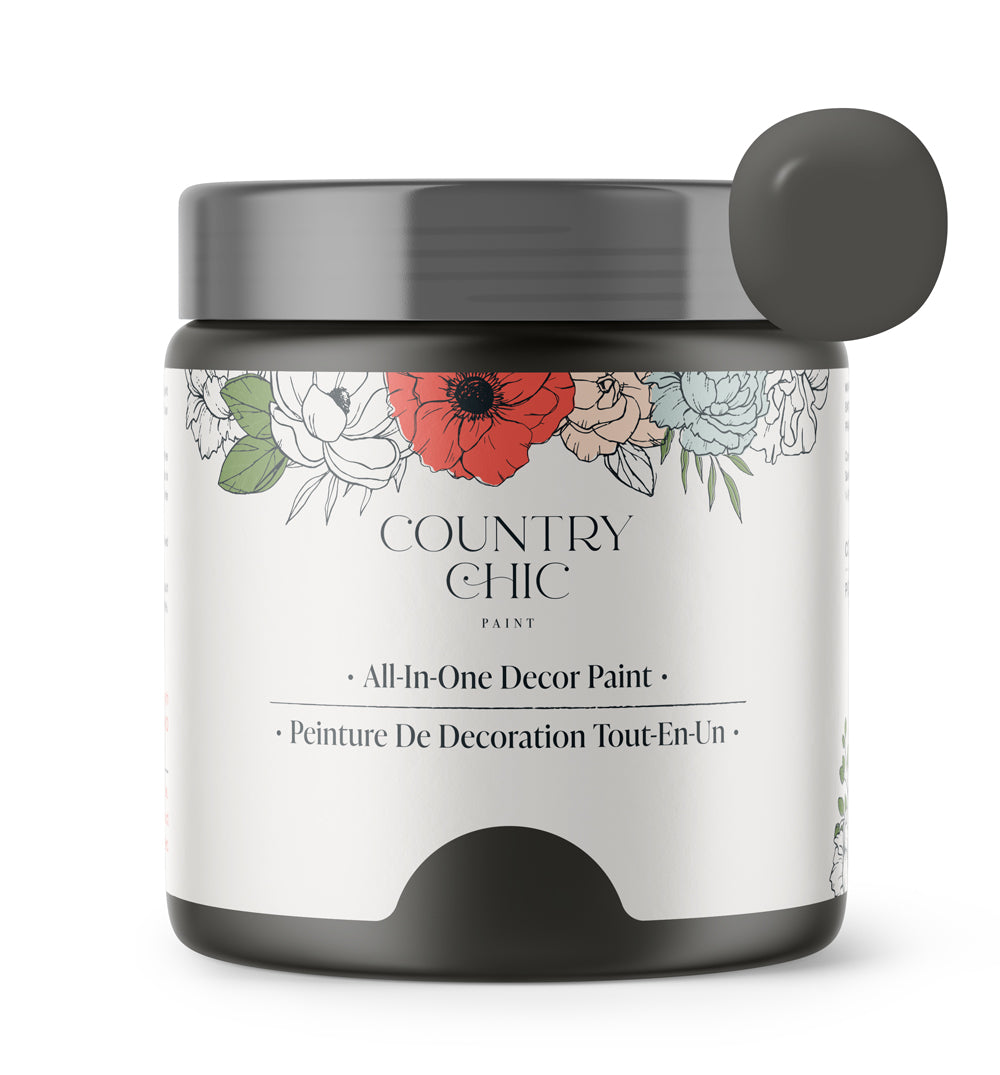 16oz jar of Country Chic Chalk Style All-In-One Paint in the color Dark Roast. Deep brown.