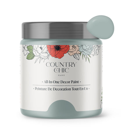 16oz jar of Country Chic Chalk Style All-In-One Paint in the color Elegance. Dusty blue.