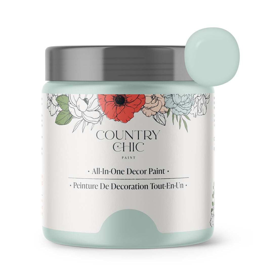 16oz jar of Country Chic Chalk Style All-In-One Paint in the color Fancy Frock. Icy blue.