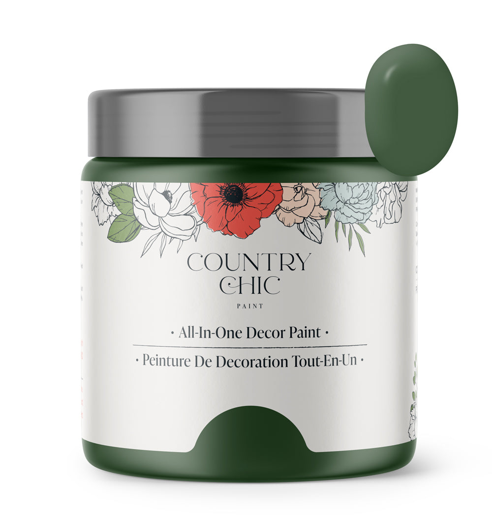 16oz jar of Country Chic Chalk Style All-In-One Paint in the color Fireworks. Emerald green.