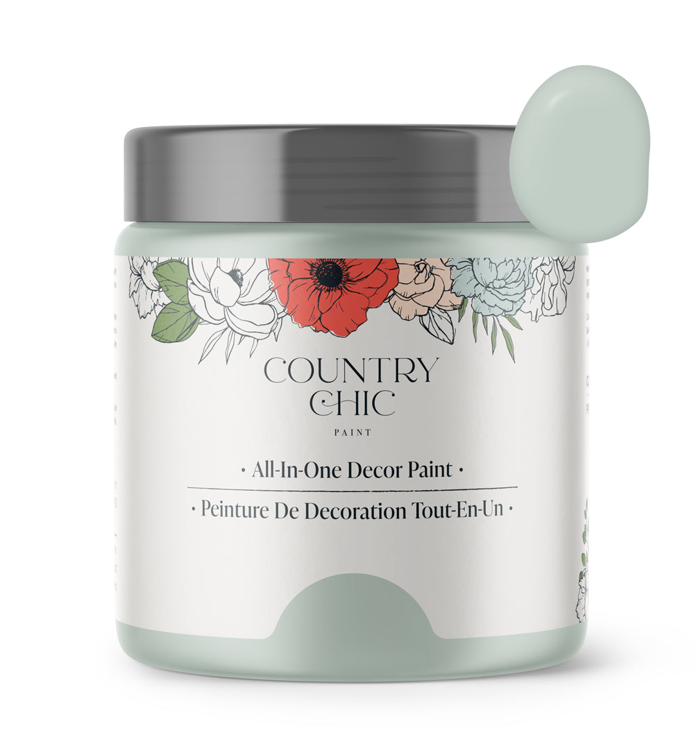 16oz jar of Country Chic Chalk Style All-In-One Paint in the color Happy Hour. Minty Green.