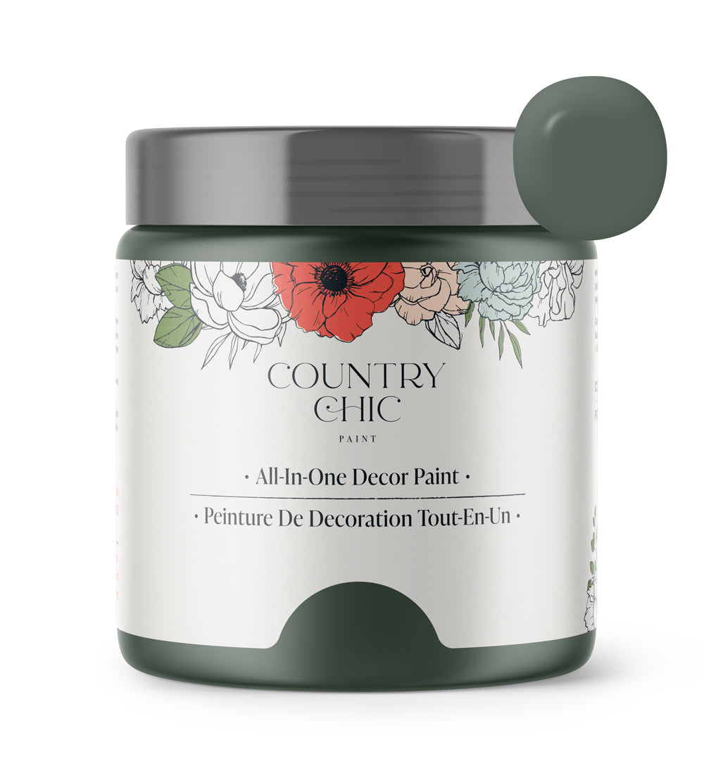 16oz jar of Country Chic Chalk Style All-In-One Paint in the color Hollow Hill. Dark green.