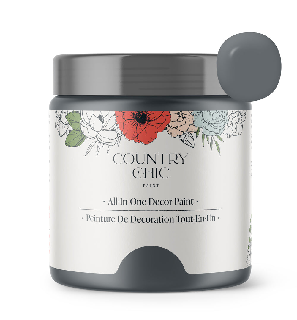 16oz jar of Country Chic Chalk Style All-In-One Paint in the color Hurricane. Cool grey.