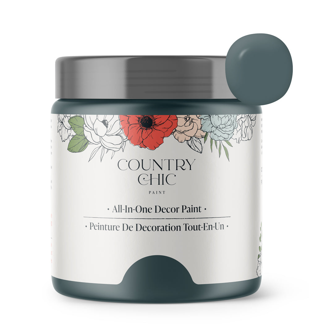 16oz jar of Country Chic Chalk Style All-In-One Paint in the color Jitterbug. Deep muted teal.