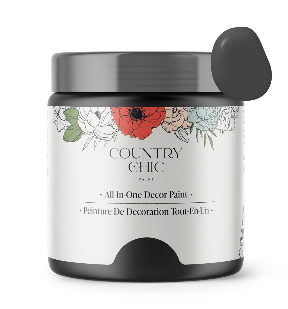 16oz jar of Country Chic Chalk Style All-In-One Paint in the color Liquorice. Black.