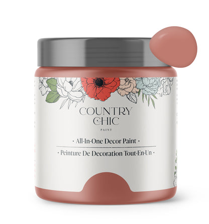 16oz jar of Country Chic Chalk Style All-In-One Paint in the color Peachy Keen. Muted coral.