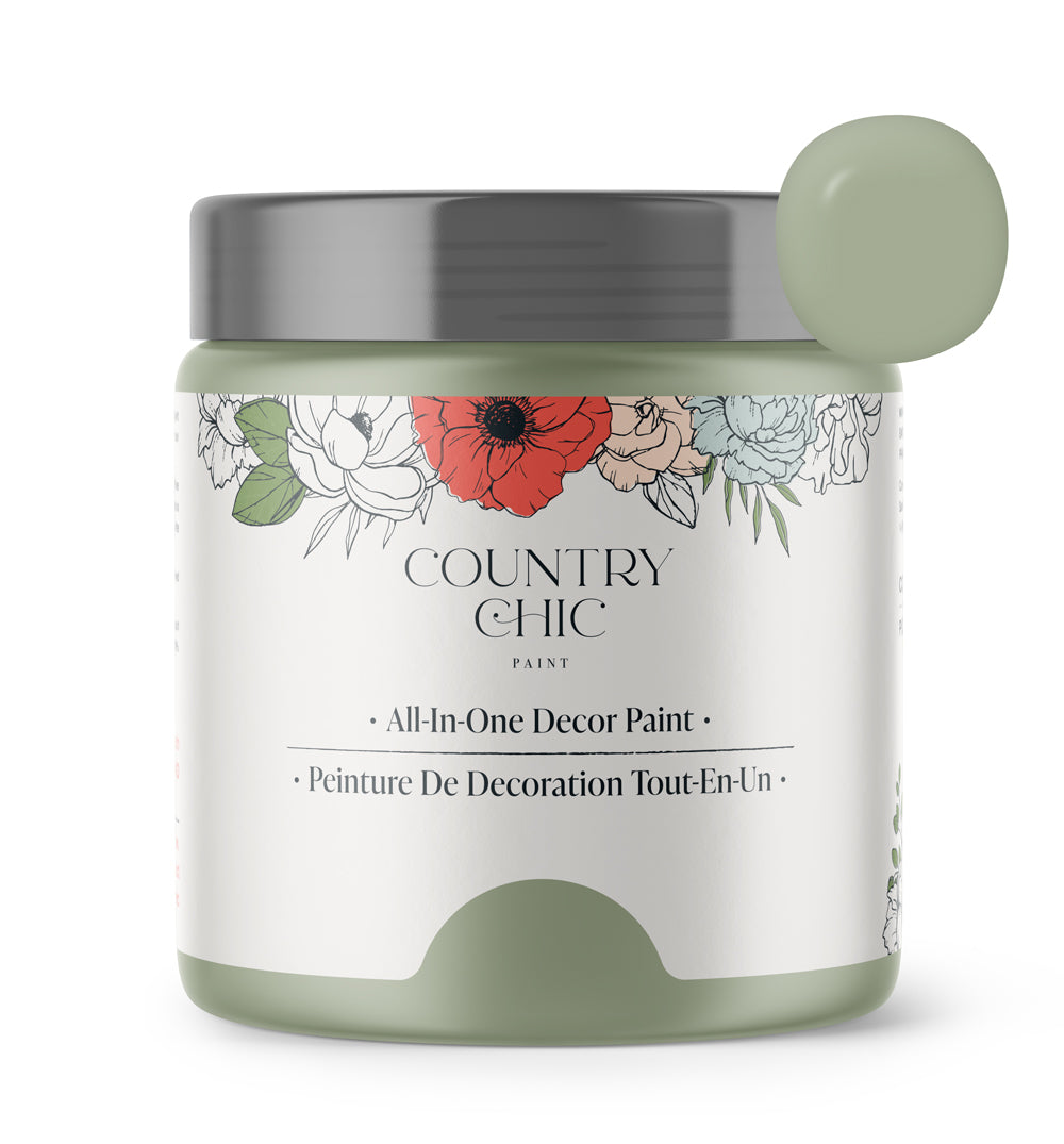 16oz jar of Country Chic Chalk Style All-In-One Paint in the color Sage Advice. Sage green.