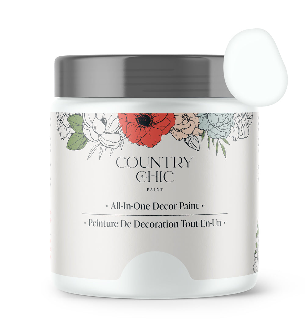 16oz jar of Country Chic Chalk Style All-In-One Paint in the color Simplicity. Pure white.