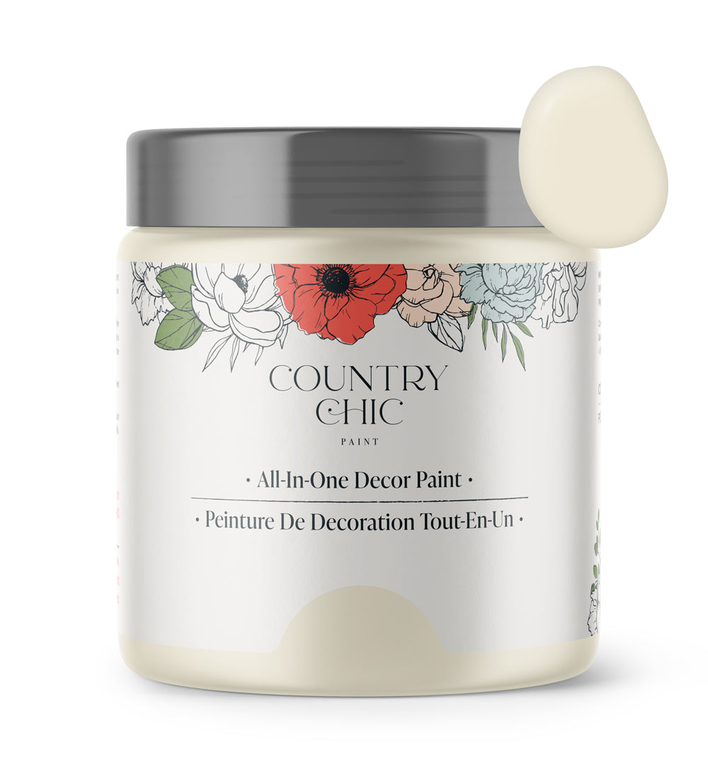 16oz jar of Country Chic Chalk Style All-In-One Paint in the color Vanilla Frosting. Light off-white.