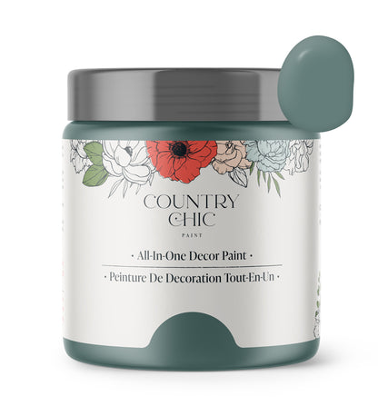 16oz jar of Country Chic Chalk Style All-In-One Paint in the color Wanderess. Deep sea green.