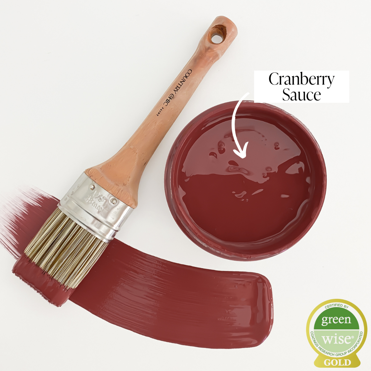 Top view of an open 16oz jar of Country Chic Chalk Style All-In-One Paint in the color Cranberry Sauce. Berry red.