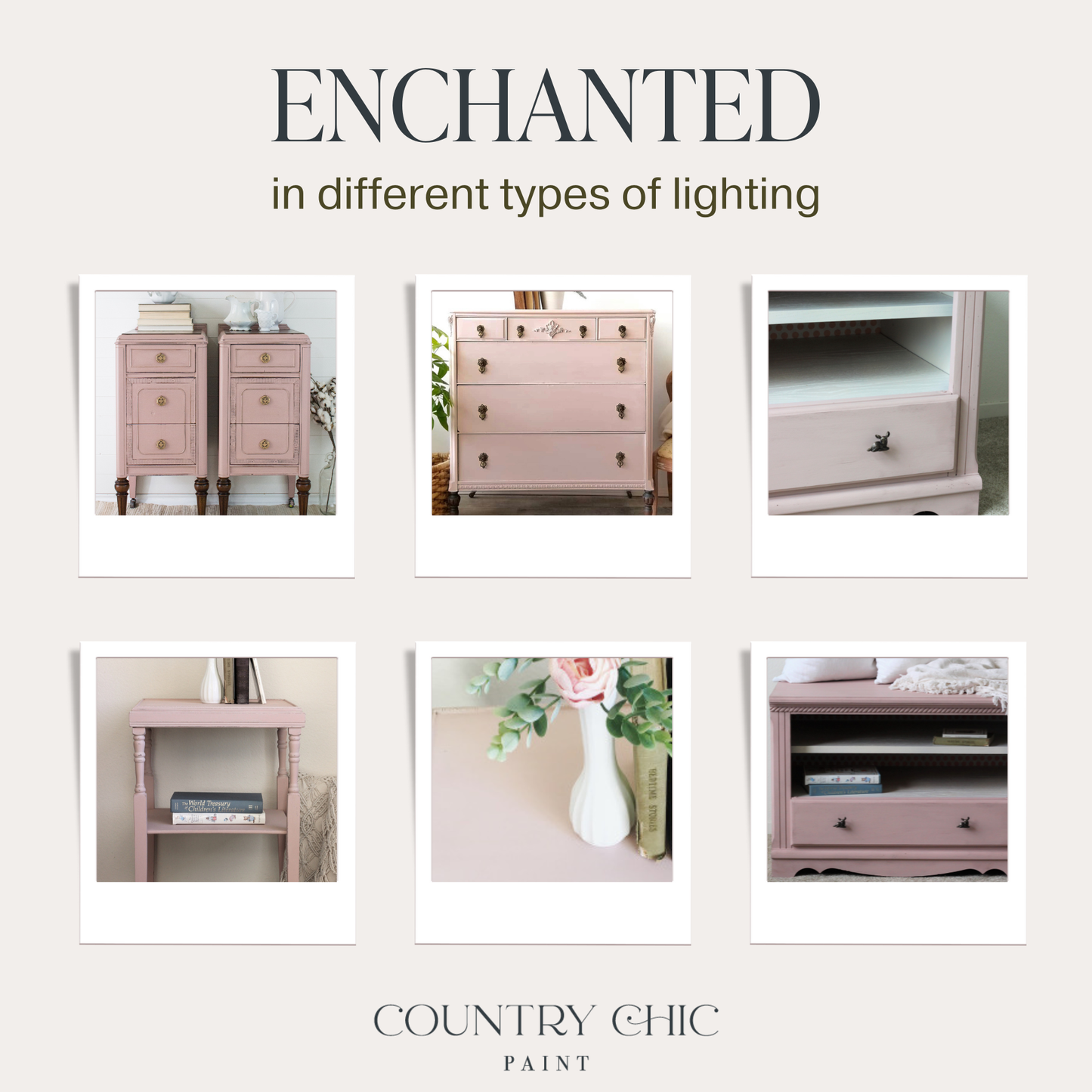 Blush pink chalk furniture paint Enchanted by Country Chic Paint furniture examples in different lighting