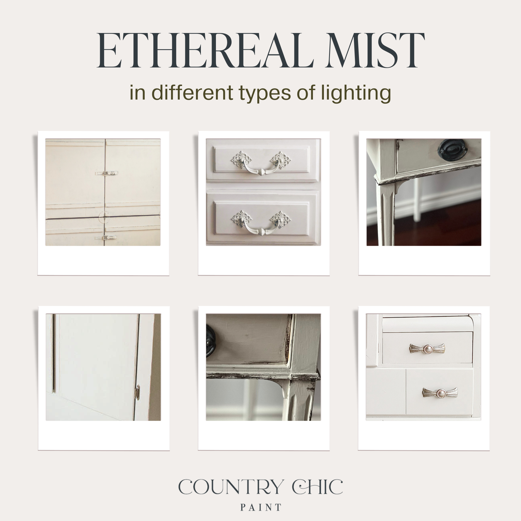 Light grey chalk furniture paint Ethereal Mist by Country Chic Paint furniture examples in different lighting