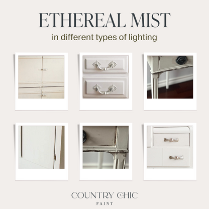 Light grey chalk furniture paint Ethereal Mist by Country Chic Paint furniture examples in different lighting