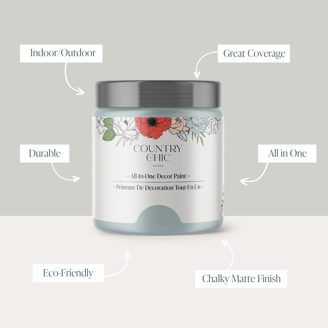 16oz jar of Country Chic Chalk Style All-In-One Paint in the color Dune Grass showcasing the features