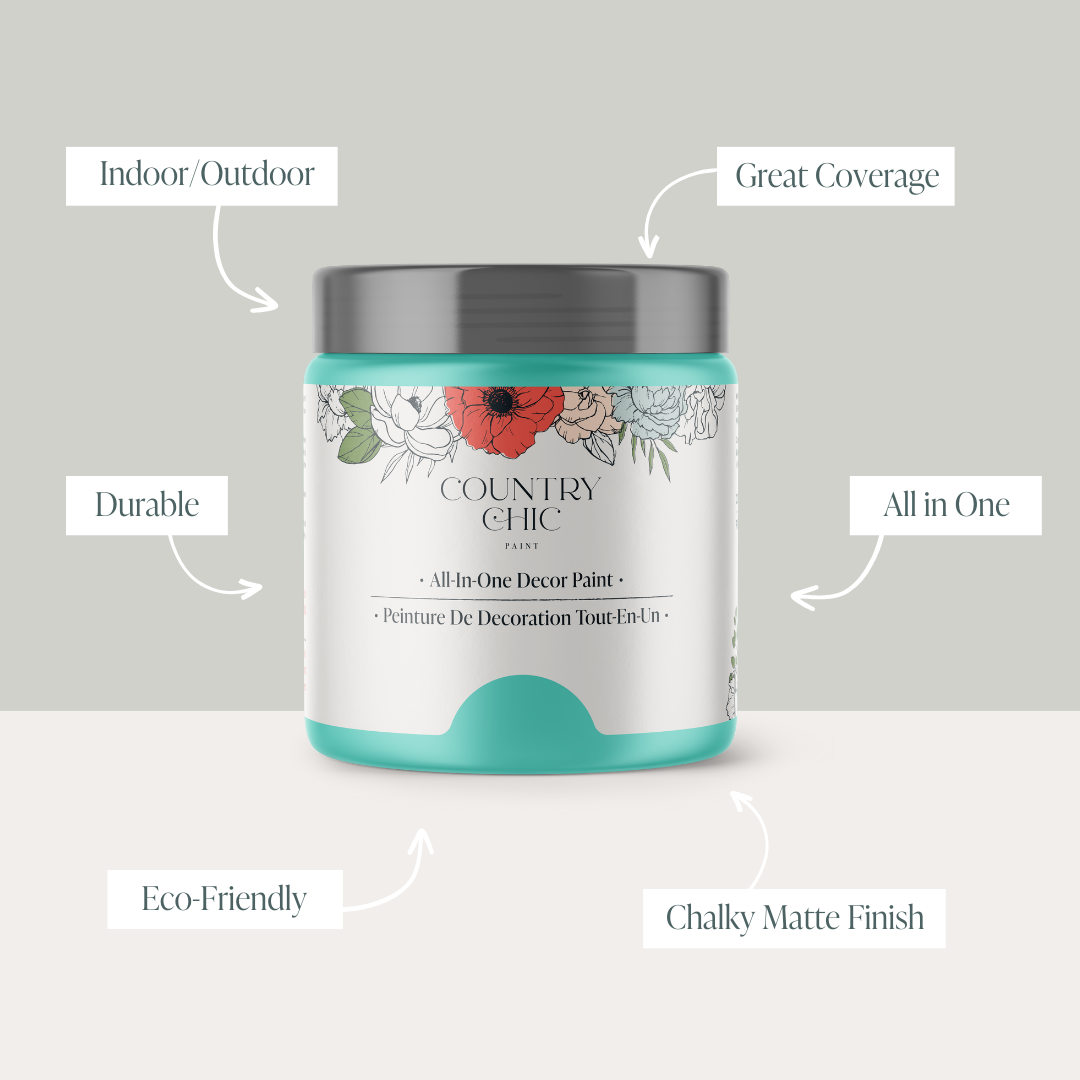 16oz jar of Country Chic Chalk Style All-In-One Paint in the color Tropical Cocktail showcasing the features