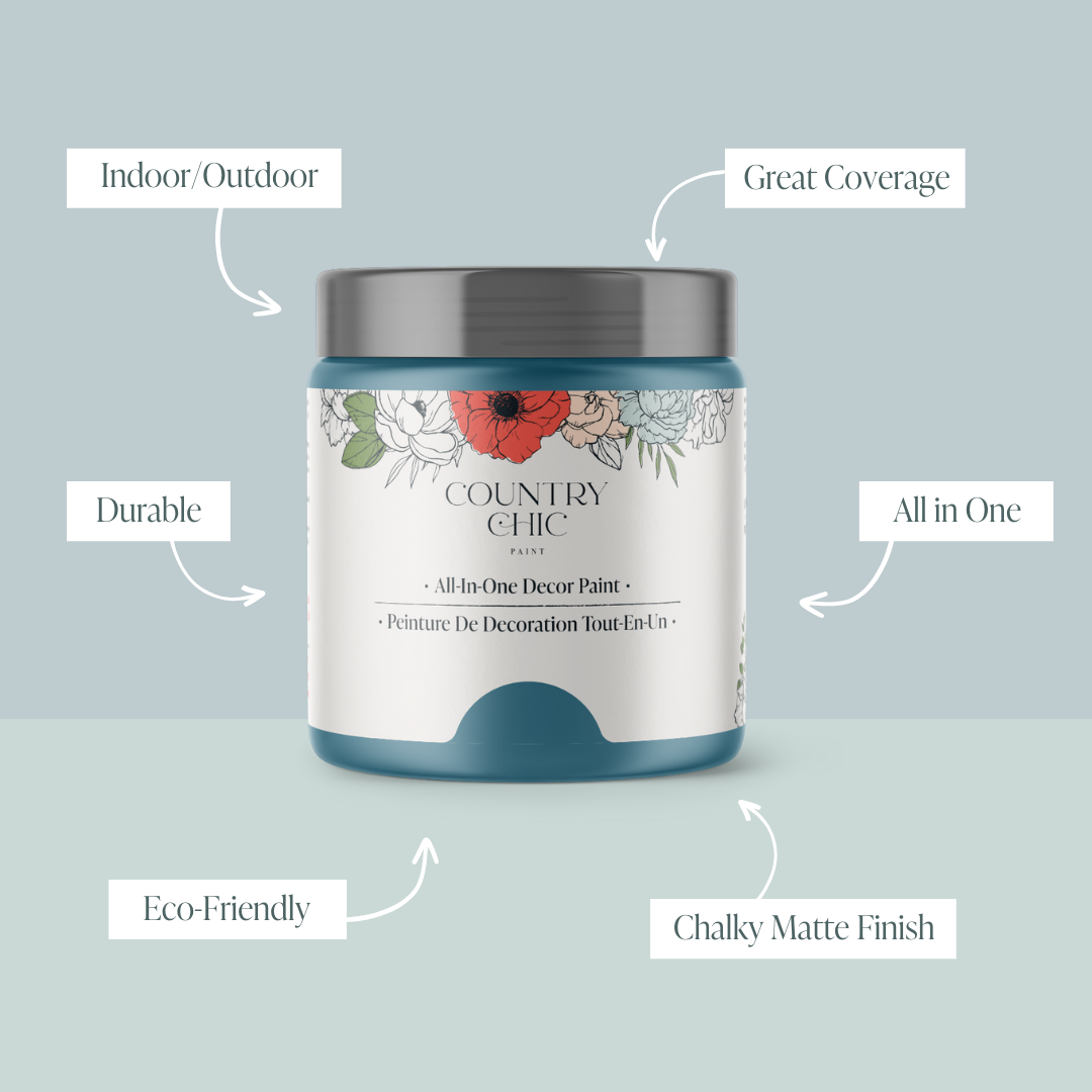 16oz jar of Country Chic Chalk Style All-In-One Paint in the color Tide Pool showcasing the features