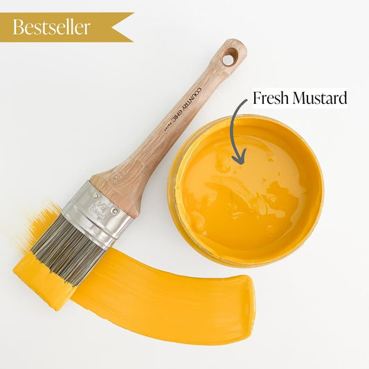 Top view of an open 16oz jar of Country Chic Chalk Style All-In-One Paint in the color Fresh Mustard. Mustard yellow.