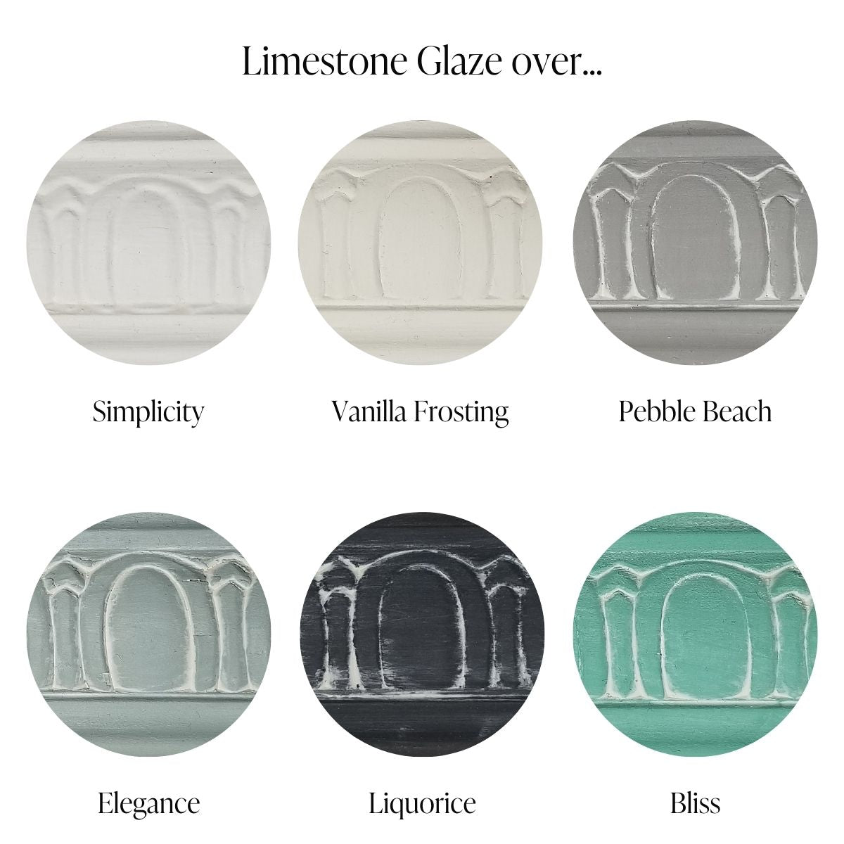 Country Chic Paint Furniture Glaze in the color Limestone over Simplicity, Vanilla Frosting, Pebble Beach, Elegance, Liquorice and Bliss