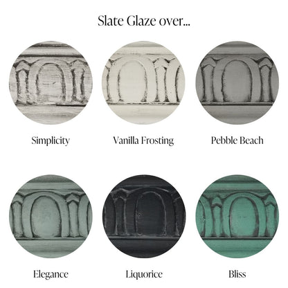 Country Chic Paint Furniture Glaze in the color Slate over Simplicity, Vanilla Frosting, Pebble Beach, Elegance, Liquorice and Bliss