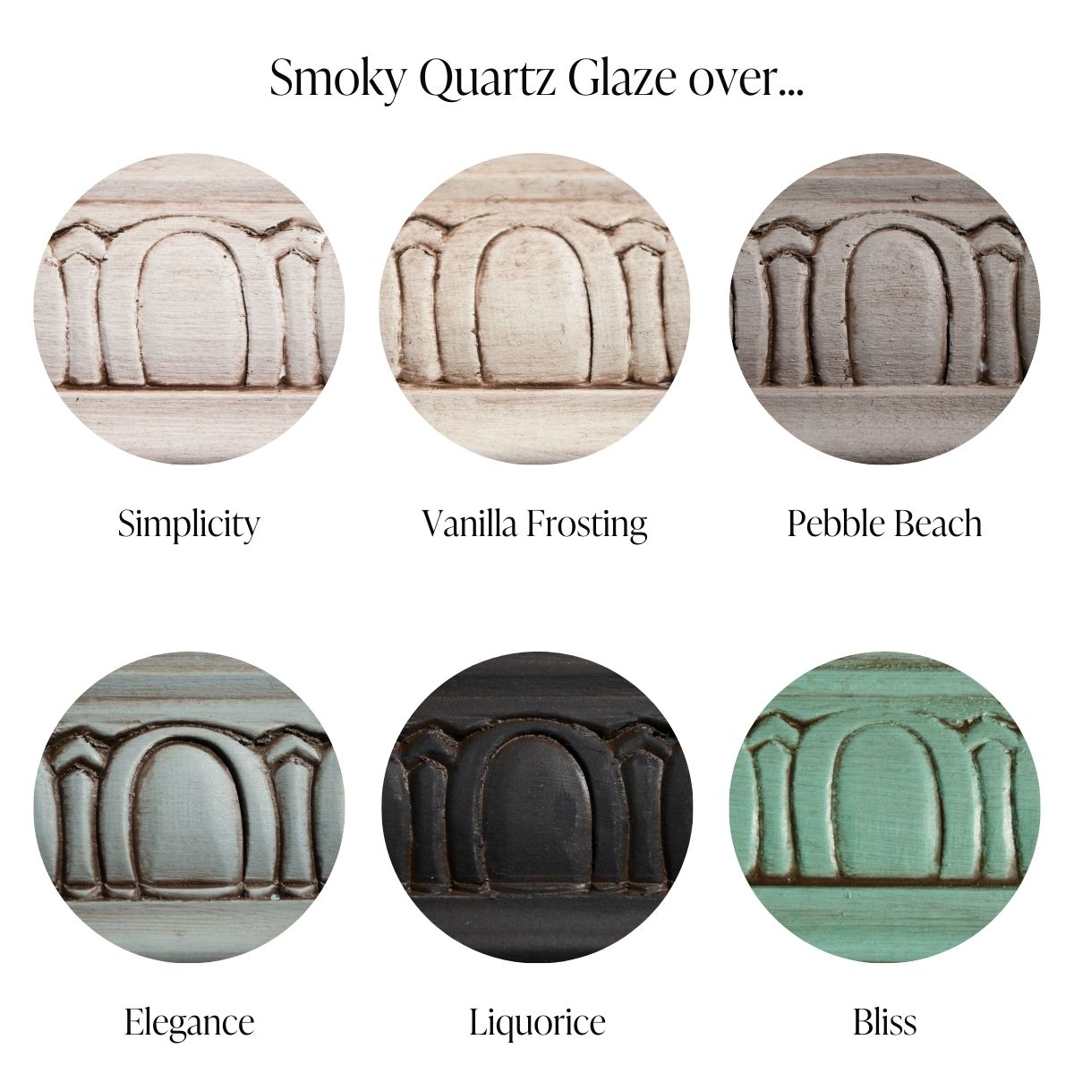 Country Chic Paint Furniture Glaze in the color Smoky Quartz over Simplicity, Vanilla Frosting, Pebble Beach, Elegance, Liquorice and Bliss