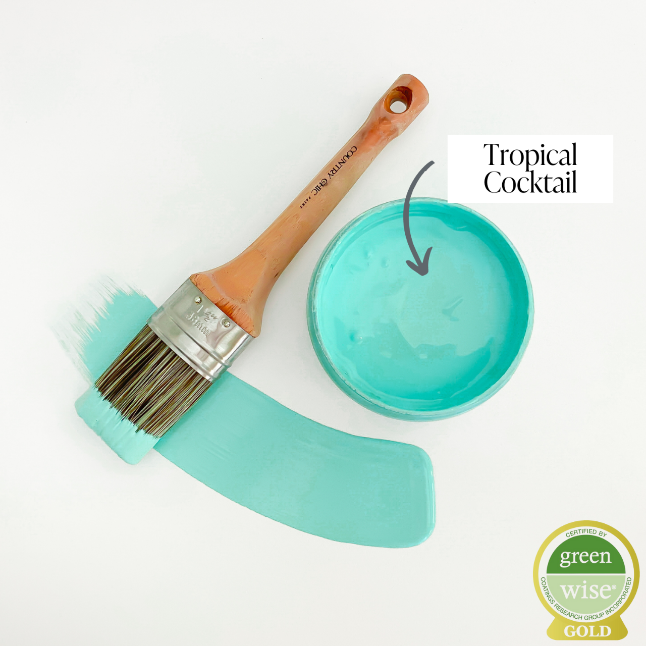 Top view of an open 16oz jar of Country Chic Chalk Style All-In-One Paint in the color Tropical Cocktail. Turquoise.