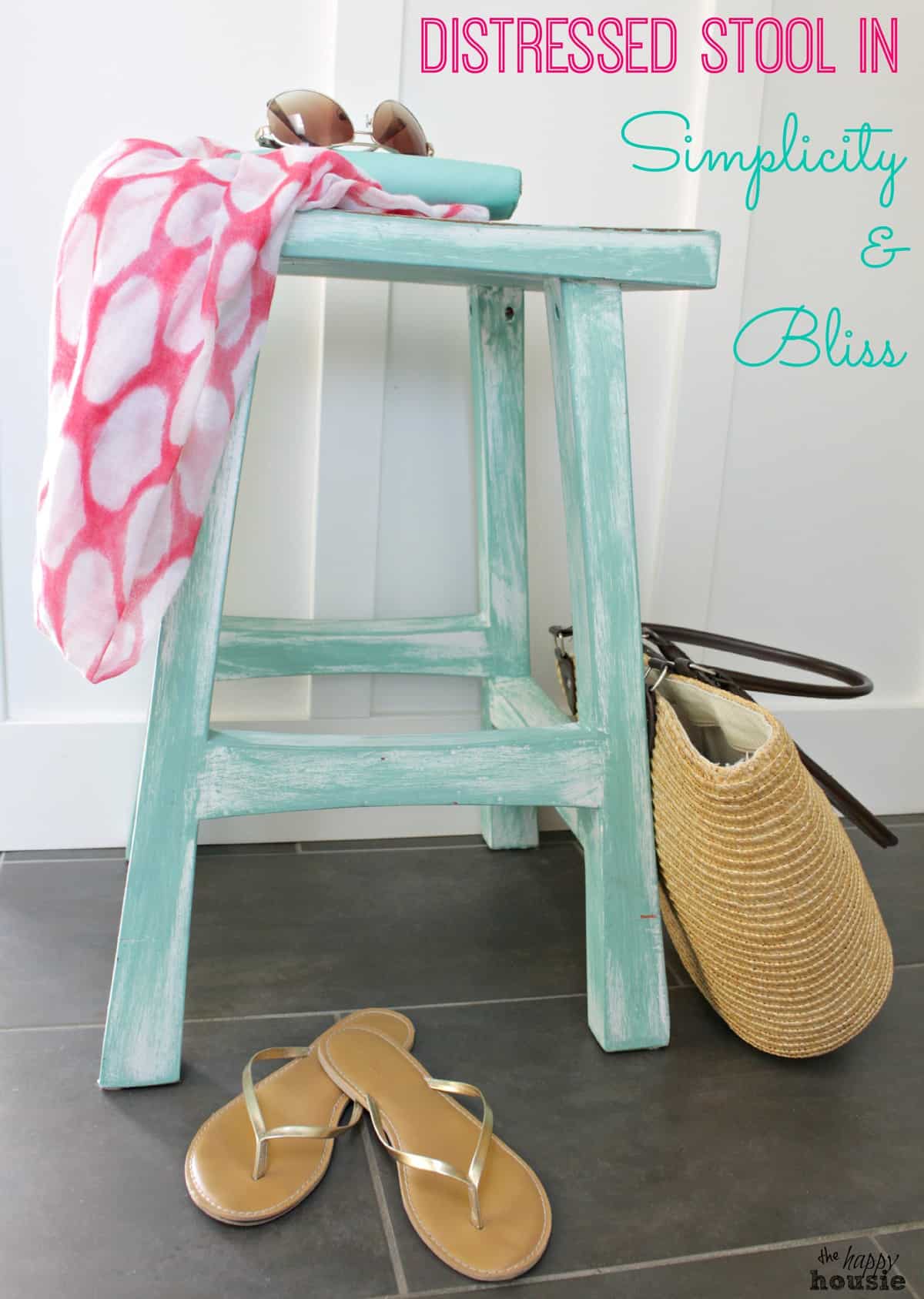 Beautiful turquoise distressed stool #DIY #paintedfurniture #drybrushing - www.countrychicpaint.com/blog