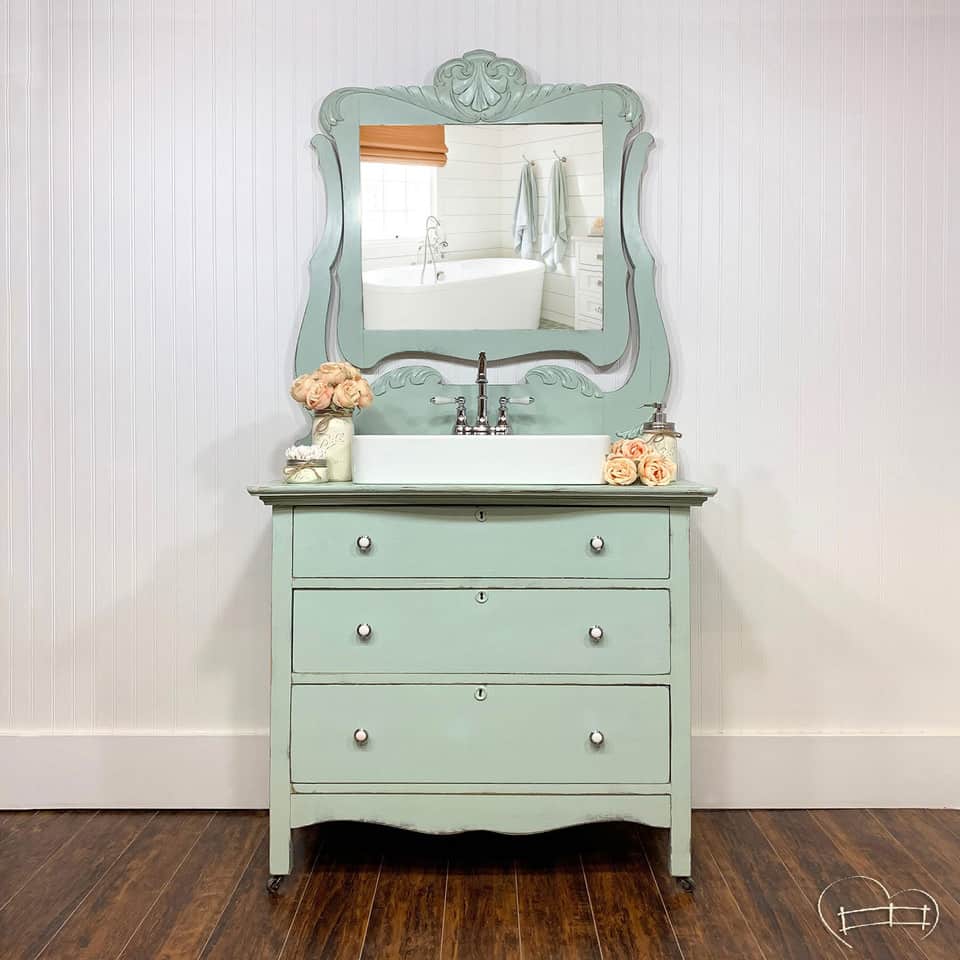 Charming blue antique dresser painted with eco-friendly clay paint from Country Chic Paint3