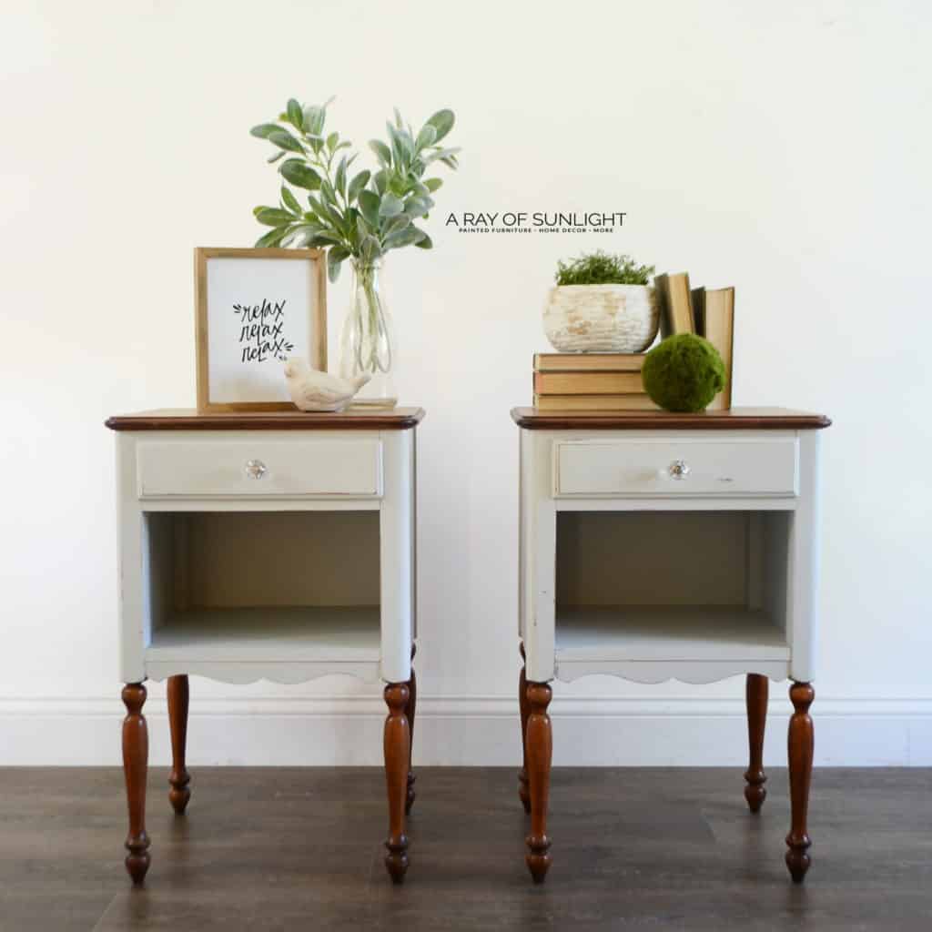 DIY Light Grey matching nightstands painted with eco-friendly furniture paint from Country Chic Paint