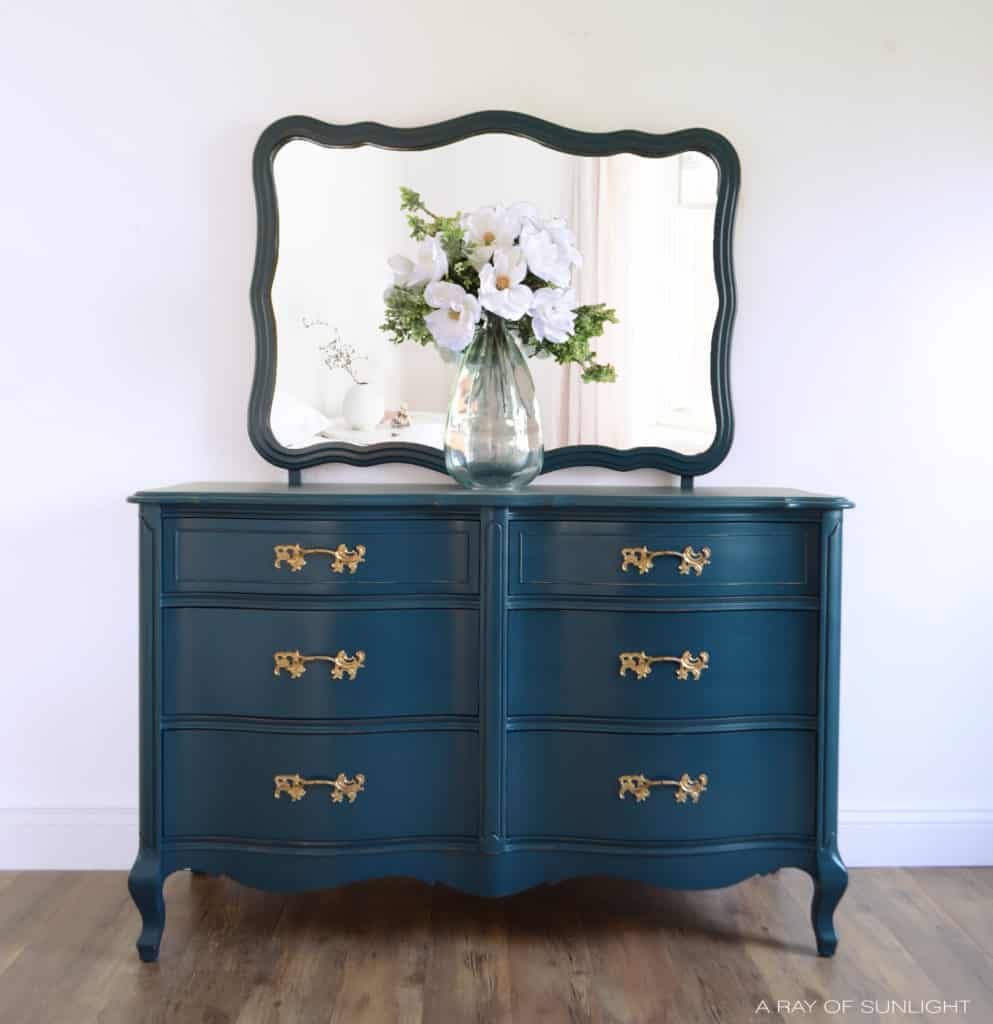 Dark navy blue French Provincial dresser makeover - refurbished with eco-friendly DIY clay paint from Country Chic Paint