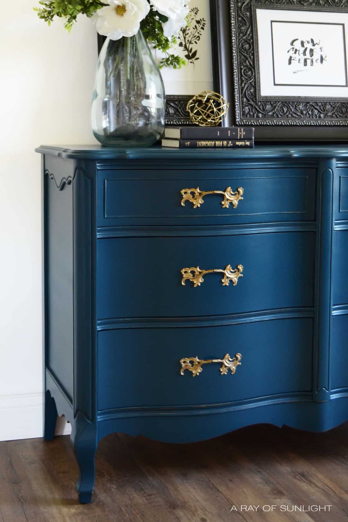 Dark navy blue French Provincial dresser makeover - refurbished with eco-friendly DIY clay paint from Country Chic Paint
