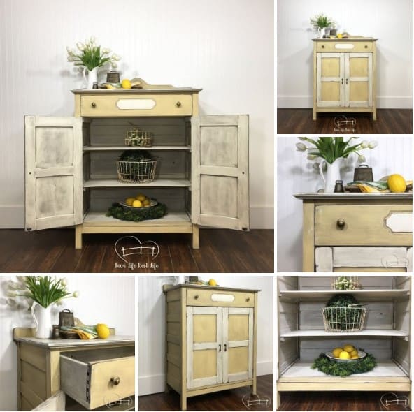 Yellow and white rustic farmhouse cupboard painted with eco-friendly furniture paint and natural wax from Country Chic Paint