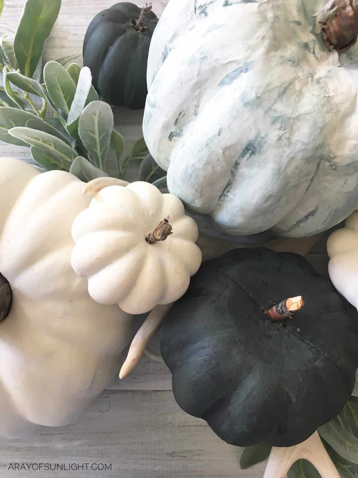 Cool-Toned Neutral Pumpkins #DIY #furniturepaint #paintedfurniture #chalkpaint #homedecor #fall #pumpkin #dollarstore #neutral #paintedpumpkins #centerpiece #countrychicpaint - blog.countrychicpaint.com