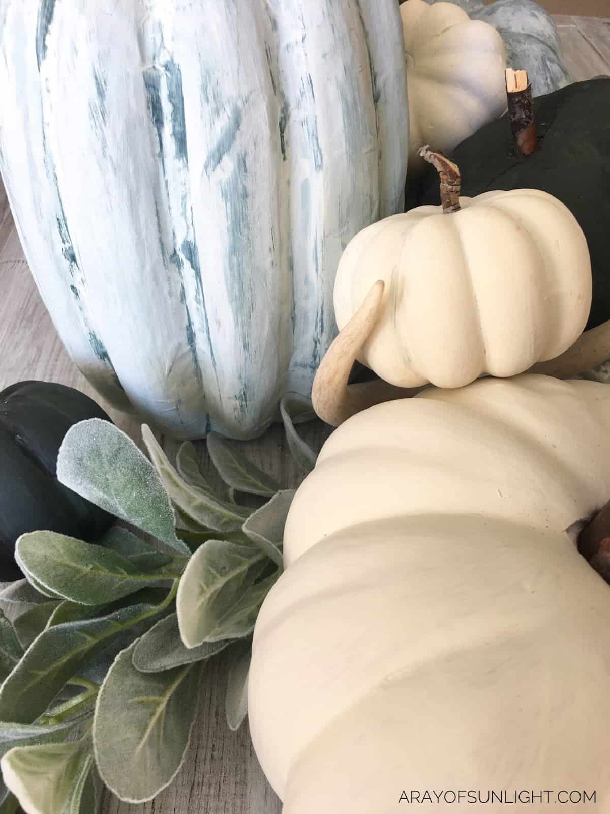 Cool-Toned Neutral Pumpkins #DIY #furniturepaint #paintedfurniture #chalkpaint #homedecor #fall #pumpkin #dollarstore #neutral #paintedpumpkins #centerpiece #countrychicpaint - blog.countrychicpaint.com
